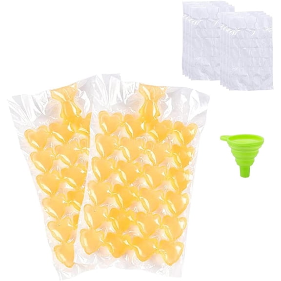 Ice Cubes Disposable Ice Cube Bags - 100 PCS Heart Ice Cube Mold Trays Self-Seal Faster Freezing Maker for Whiskey Cocktails Drinks Kitchen BBQ Parties and Travel(Transparent, with 1 funnels)