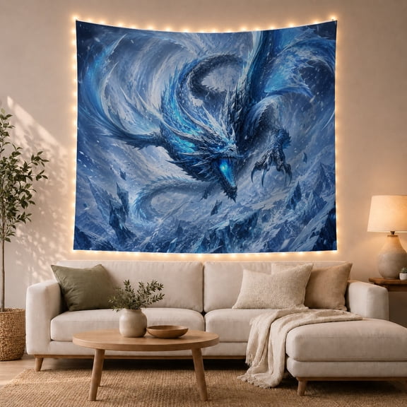 Ice Dragon in Snowy Mountains, Dramatic Epic Fantasy for Wildlife Fans, Medieval Wall Art Christmas Gift Tapestry Wall Hanging for Bedroom, Living Room and Dorm