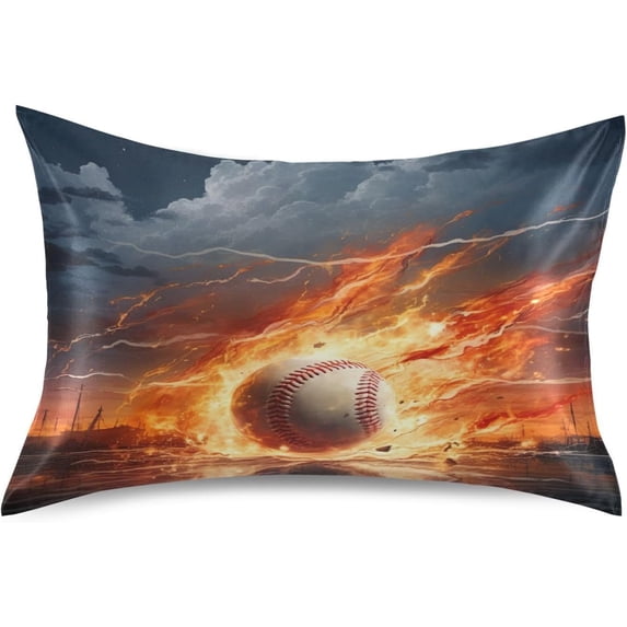 Ice Fire Baseball Satin Pillowcase for Hair and Skin Silk Pillowcase Soft Breathable Sleeping Pillow Covers Smooth Cooling Pillowcase with Envelope Closure Size Standard 20x30 in Home Decor Gifts