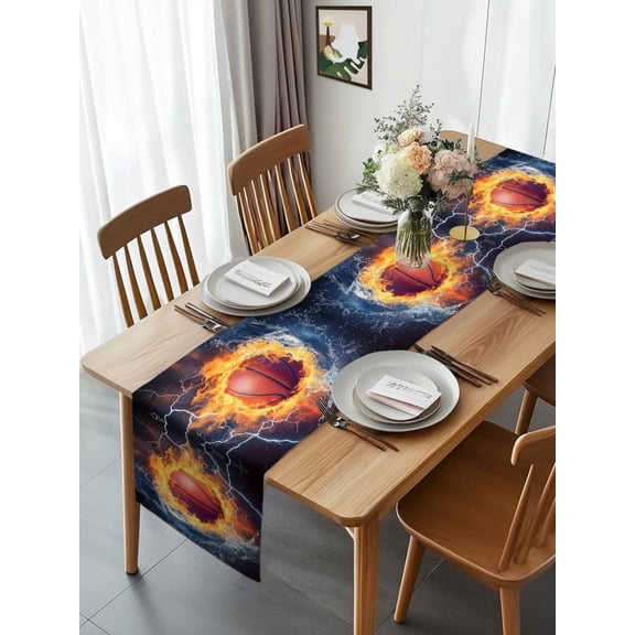 Ice Fire Basketball Sport Table Runner 13x70in Non-Slip Cotton Linen Table Runners, Lightning Water Ripple Abstract Art Dresser Scarves TableRunner for Dinner Kitchen Dining Wedding Party