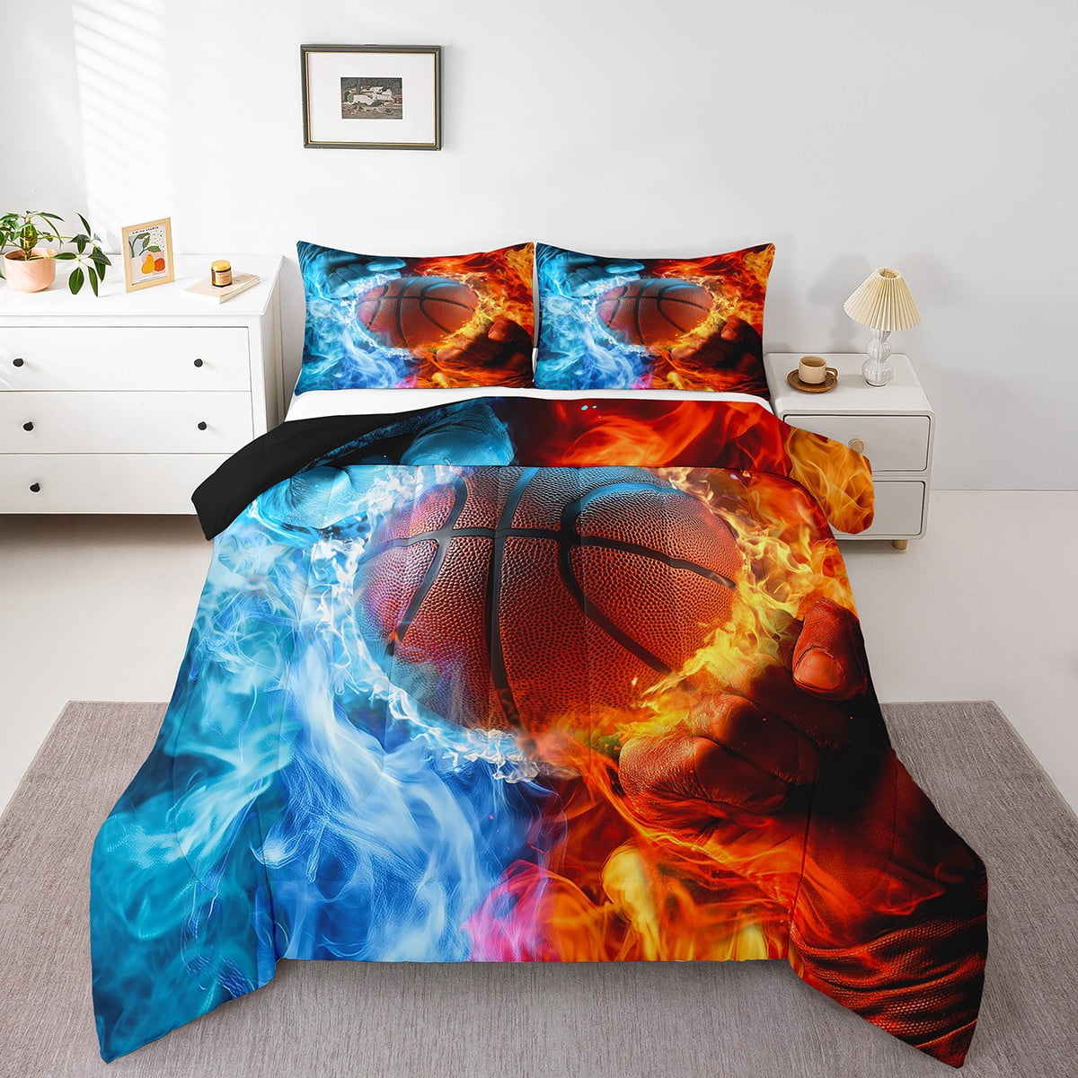 Basketball Comforter Set For Kids & Teens - 3D Sports Bedding - Queen Size With Pillowcases - Red & Black Room Decor