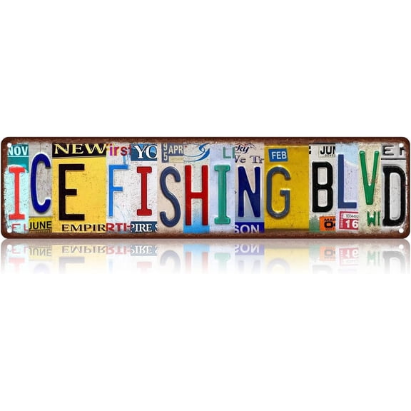 Ice Fishing Blvd Metal Tin Sign Funny Vintage Slim Street Signs 16 x 4 Inch Wall Art for Home Farmhouse Bar Cafe Garage Indoor Outdoor Decor