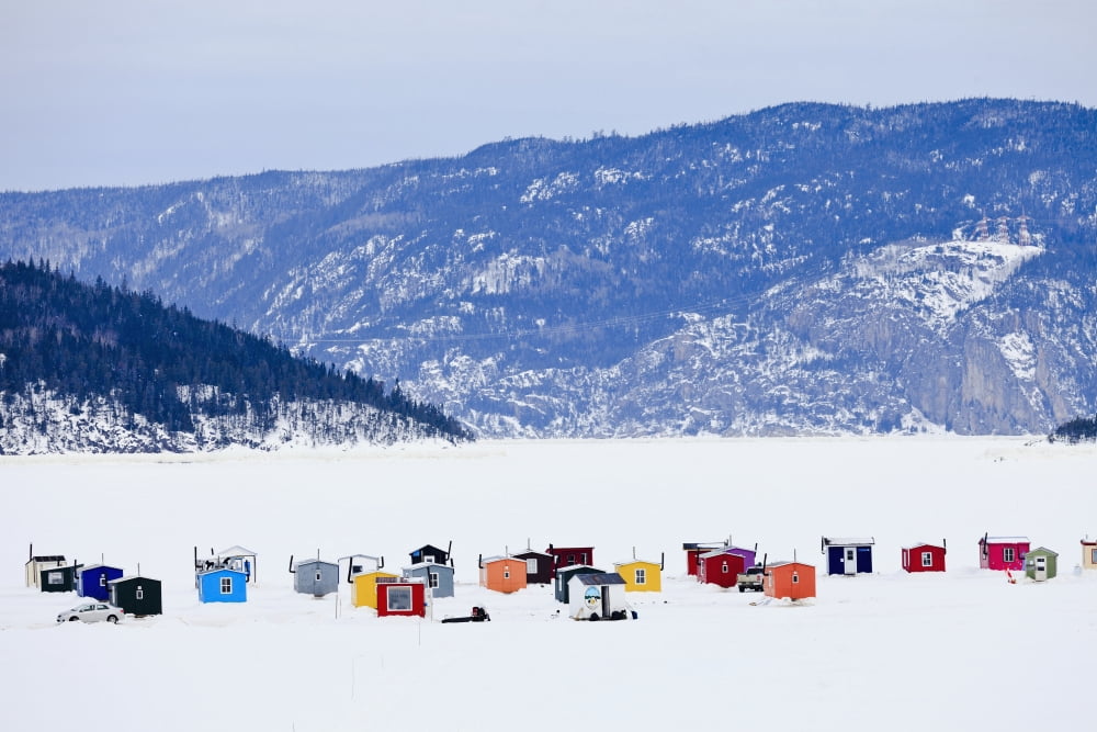 Ice Fishing Huts On Saguenay River Saguenay Lac-Saint-Jean Quebec Canada Canvas Art - Yves Marcoux Design Pics (36 x 24)