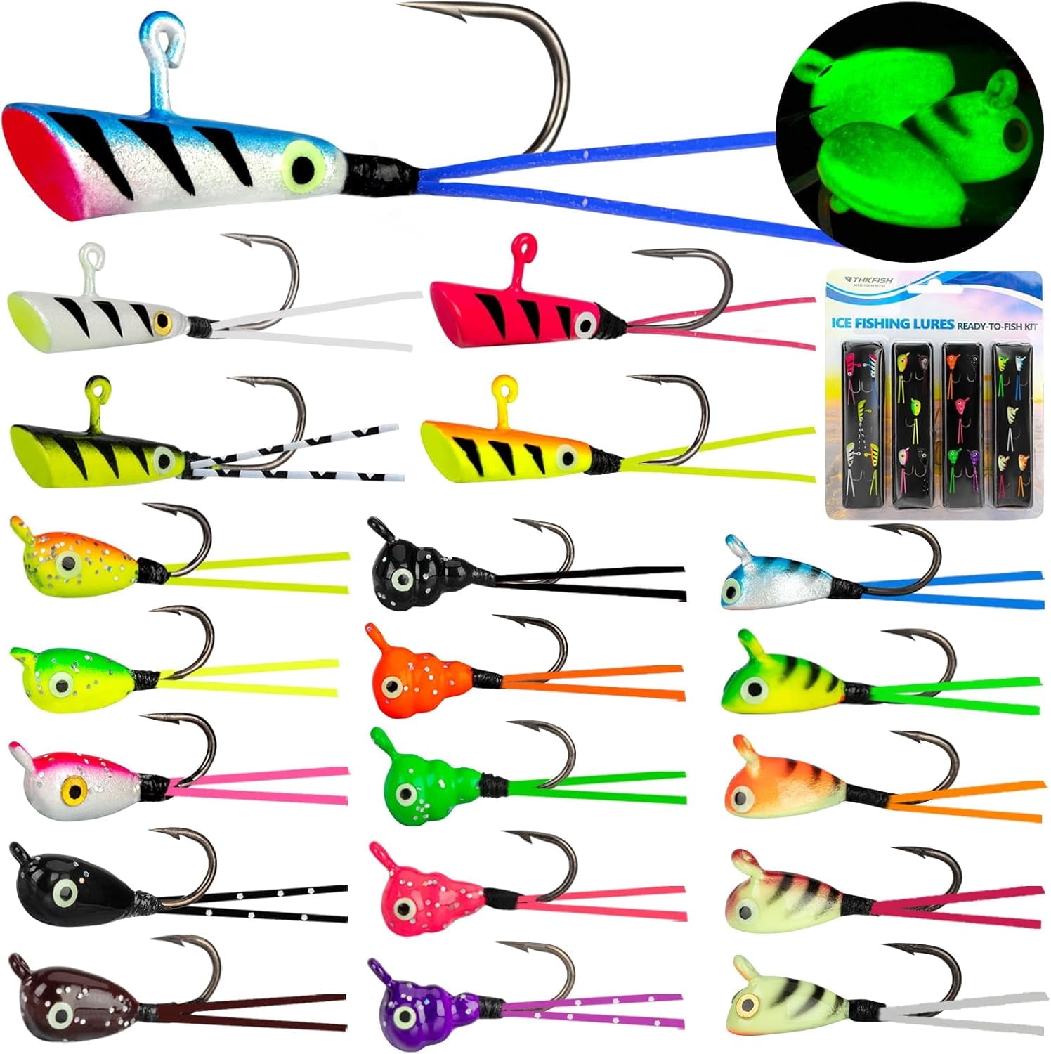 Ice Fishing Jigs, 20pcs Dancing Ice Fishing Jig Rubber Skirt Kit Winter Ice Fishing Lures Ice Fishing Lures and Jigs Walleye Ice Fishing Gear for Ice Jigging Panfish Crappie Panfish Pike, 4 Styles
