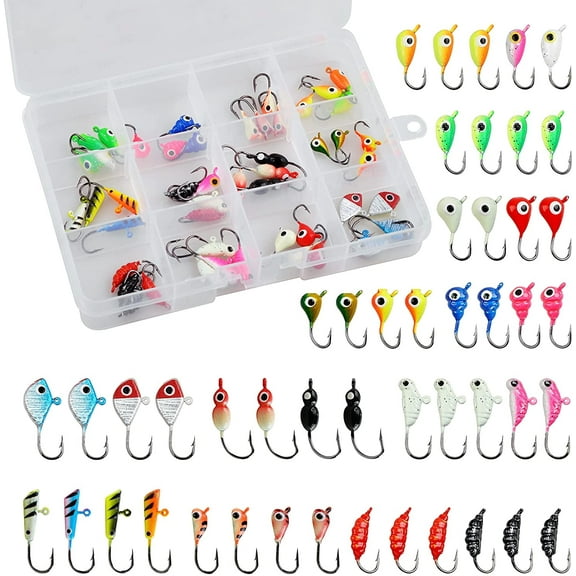 Ice Fishing Jigs Lures kit,48pcs Luminous Ice Fishing Gear Crappie Panfish Jigs Head Fishing Hooks Set for Winter Ice Jigging Walleye Perch Bluegill