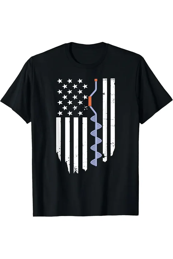Ice Fishing Retro American Flag USA Fishermen Eskimo Winter T-Shirt