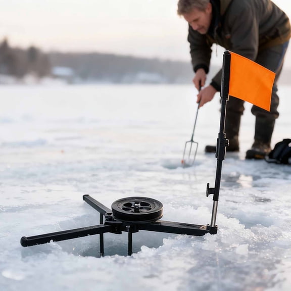 Ice Fishing Tip Up Flag Portable Winter Fishing Strike Indicator with Orange Flag and Spool for Lake Ice Fishing Gear Outdoor Anglers 13*11 inches