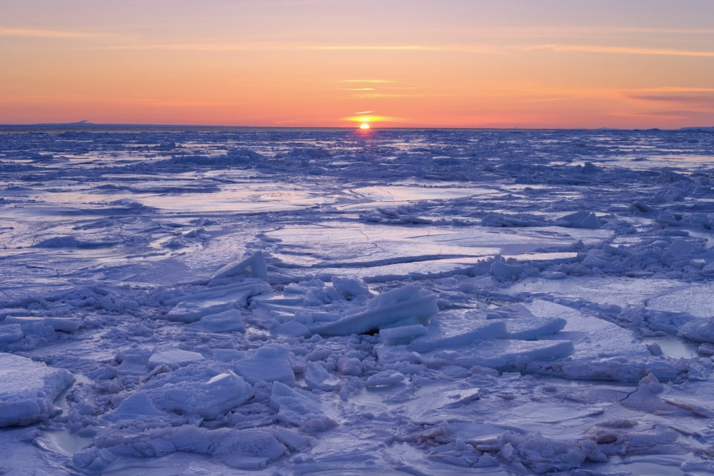 Ice Floe At Sunset Gaspesie Region Bonaventure Quebec Canvas Art - Yves Marcoux  Design Pics (34 x 22)