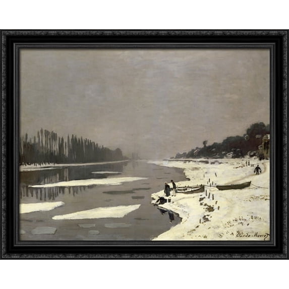 Ice Floes on the Seine at Bougival 34x28 Large Black Ornate Wood Framed Canvas Art by Claude Monet