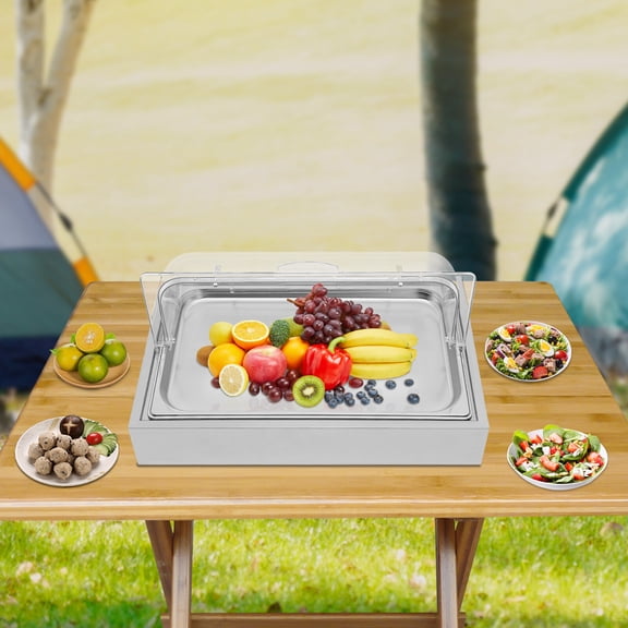 Ice Food Serving Display Tray, 1.59Gal Stainless Steel with PC Cover, Reusable Ice Box, For Buffets and Outdoor Events