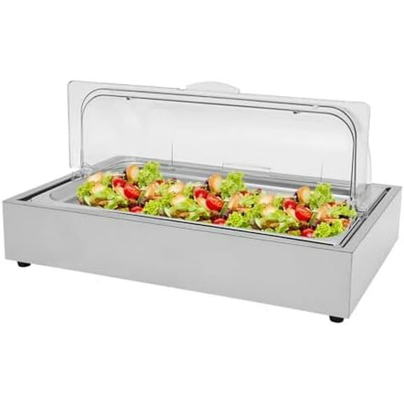 Ice Food Serving Display Tray, 6L/1.59Gal Stainless Steel Buffet Cold Serving Plate w/Clear Roll Top Cover Recyclable Fruit Tray Cooling Food Dishes for Hotel and Party$$Home Decor, Kitchen, & Other
