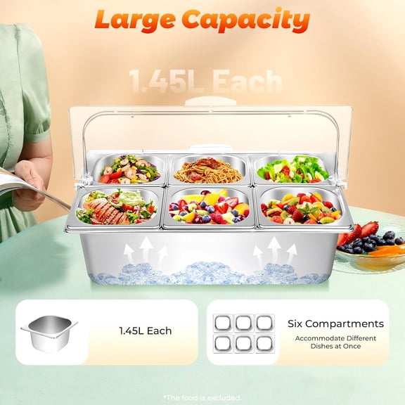 Ice Food Serving Display Tray with Clear Roll Top 6 Pans Buffet Condiment Dispenser Countertop Cold Serving Trays Cooling Food Dishes Display Plate Case for Seafood Fruit Party Buffet Tray