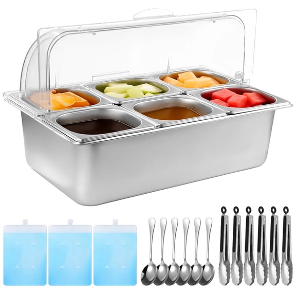 Ice Food Serving Display Tray, Countertop Chilled Condiment Container with 6 Pans & Flip Lid, Portable Salad Bar with Tongs, Spoons, and Ice Packs for Buffets, Parties