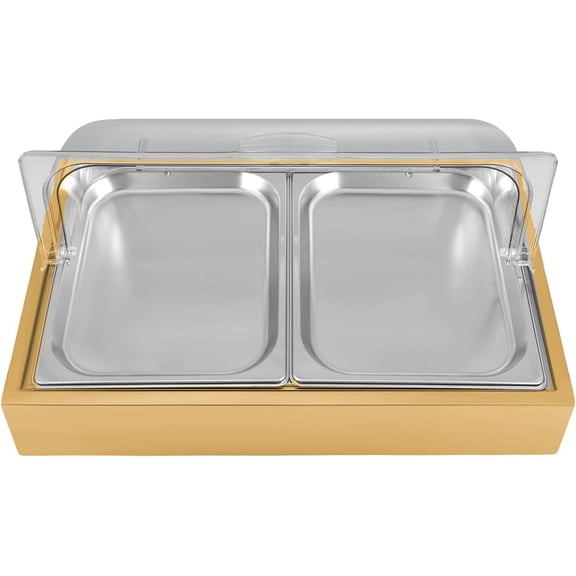 Ice Food Serving Display Tray for Parties, 3.17Qt Stainless Steel Cold Serving Cooler Platter with 2 Trays & Clear Roll Top Cover for Seafood Fruit Party Buffet (Gold)