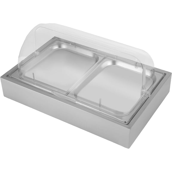 Ice Food Serving Display Tray for Parties, 3.17Qt Stainless Steel Cold Serving Cooler Platter with 2 Trays & Clear Roll Top Cover for Seafood Fruit Party Buffet (Silver)