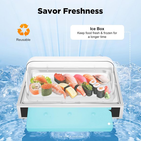 Ice Food Serving Display Tray, Salad Bar Buffet Server Station for Home, Stainless Steel Cold Buffet Server w/Clear Roll Top Cover