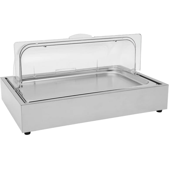 Ice Food Serving Display Tray, Salad Bar Buffet Server Station for Home, Stainless Steel Cold Buffet Server w/Clear Roll Top Cover