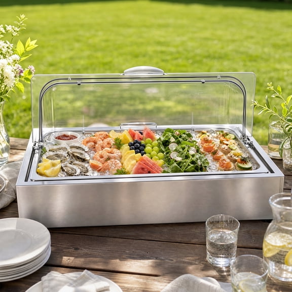 Ice Food Serving Display Tray with Stainless Steel Double Pan and Built-In Reusable Ice Pack, 6L Capacity Food Cooler for Buffet, Party, and Catering Use
