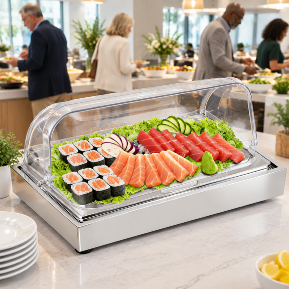 Ice Food Serving Display Tray with Roll Top Cover Buffet Cold Cooler Platter