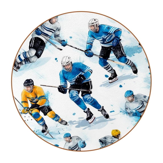 Ice Hockey 6Pcs Round Microfiber Leather Car Coasters, 11x11 cm/4.3x4.3 in, Cup Holder Mats for Car, Truck, SUV - Black, Durable and Absorbent Car Accessories