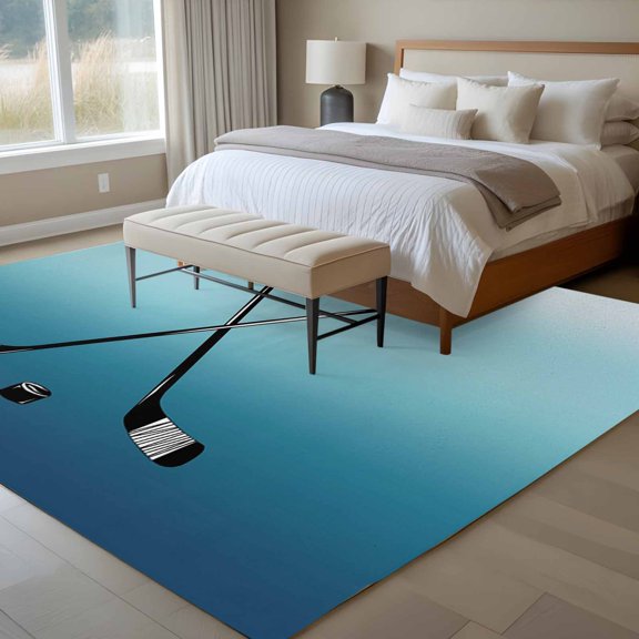 Ice Hockey 6x9 Rug for Dining Room Table and Chair Setup, Winter Sports Blue Turquoise Gradient Low Pile Washable Non Slip Rectangle Area Rug