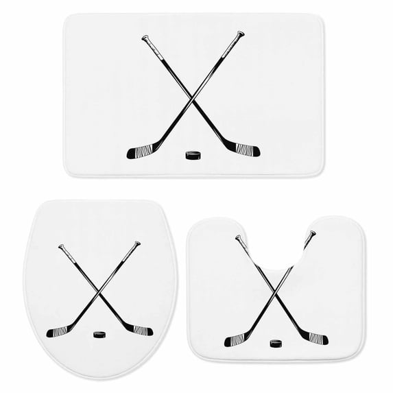 Ice Hockey Bathroom Rugs Set Winter Sports White Background Non Slip Absorbent Soft Bath Mats 3 Piece Set with Bathroom Rug, U-Shaped Floor Mat, Toilet Seat Cover Large Size