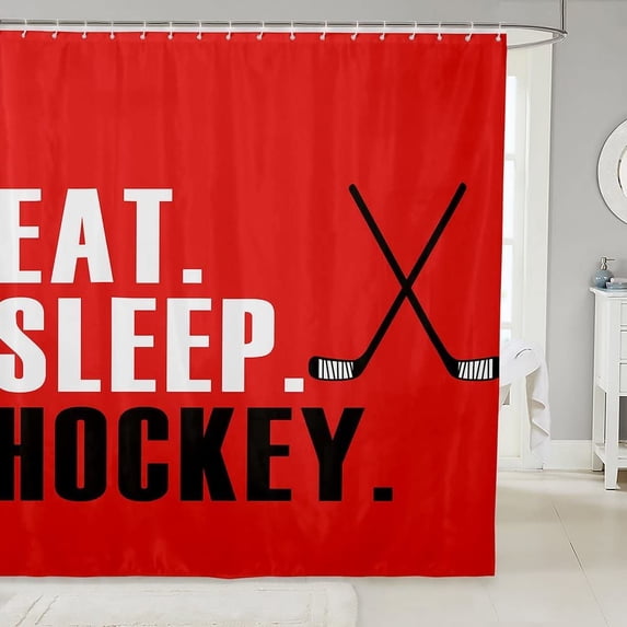 Ice Hockey Bathroom Shower Curtain Set Hockey Sports Event Shower Curtain for Bathroom Women Men Red Eat Sleep Hockey Bath Curtain Winter Sports Hobby Bathtubs Decor 72"x72" Bathroom Accessories
