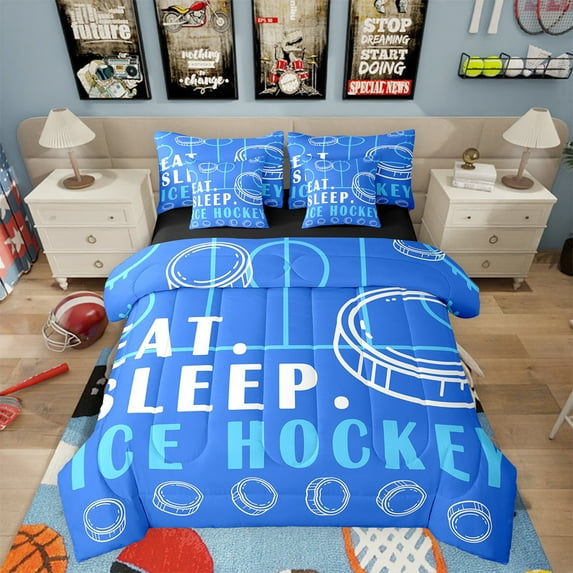 Ice Hockey Bed in a Bag Queen Winter Sport Game Ball Theme Comforter Set with Sheets Ice Hockey Room Decor Bed Set Ice Hockey Sports Bedding Sets Teen Sports Sheets 7 Pcs Blue