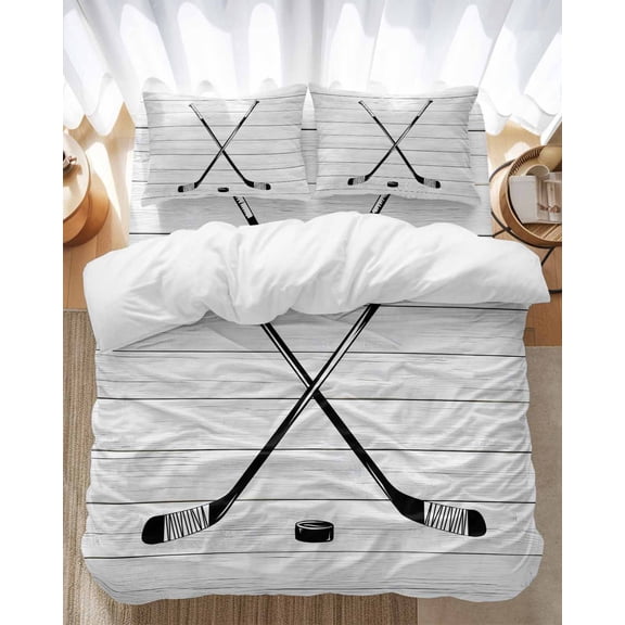 Ice Hockey Bedding Duvet Cover Set Full Size 4 Pieces Winter Sports Retro Grey Wood Grain Bedding Set with Zipper Closure, 1 Comforter Cover 86x86 Inches 1 Flat Sheet & 2 Pillow Cases