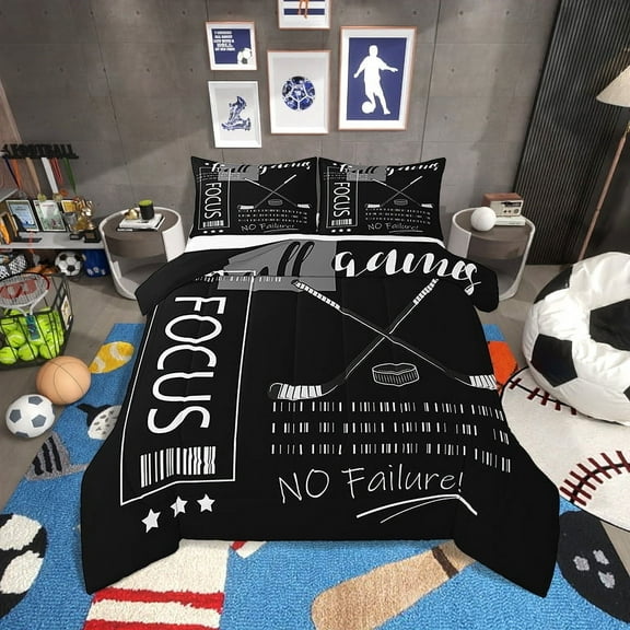 Ice Hockey Bedding Set Twin Size Black and White Hockey Comforter Set,Winter Sports Theme Quilt Bed Set Ball Gaming Down Comforter Room Decor with 1 Pillowcase