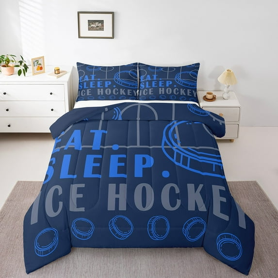 Ice Hockey Bedding Sets Sport Game Ball Theme Comforter Sets Ice Hockey Room Decor Down Comforter Sports Comforter Sets Teen Winter Sports Bedding Bed Set 2 Pcs Navy Blue