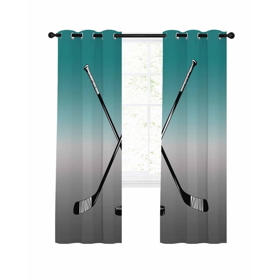 Ice Hockey Blackout Curtains 63 Inches Length, Winter Sports Ball Gamers Ombre Teal Green Window Treatment Thermal Insulated Drapes for Bedroom Living Room 2 Panels 104x63 Inches