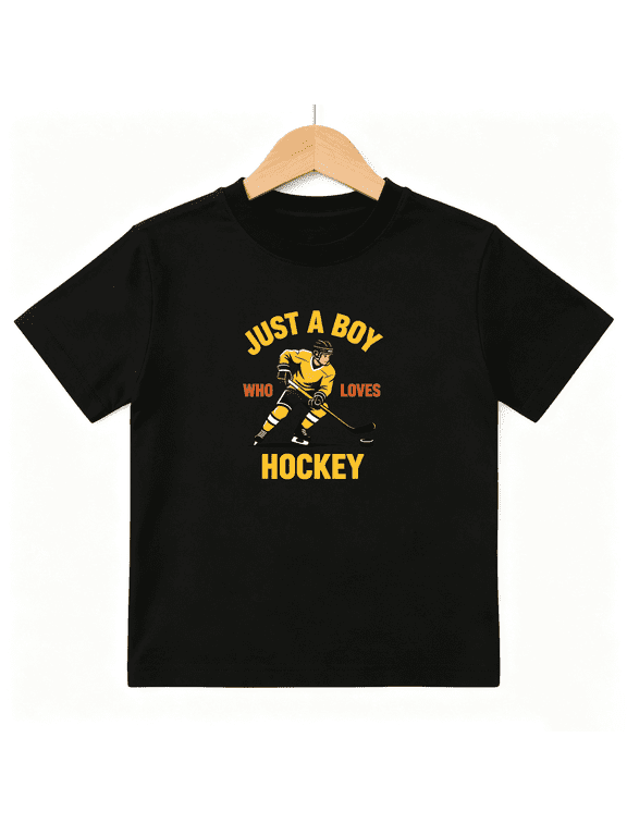 Ice Hockey Boys Graphic Tee, Funny Just A Boy Sports Fan 100% Cotton Kids Short Sleeve T-Shirt