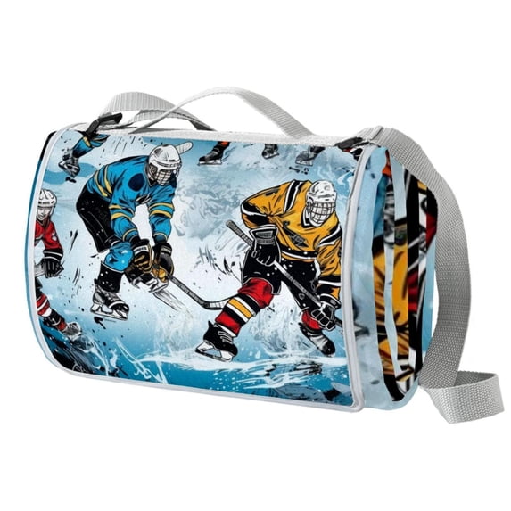 Ice Hockey Canvas Picnic Mat - Waterproof Outdoor Blanket for Park, Beach, and Camping - Large Portable Mat with Handles and Bonus Carry Bag for Travel and Picnic Parties