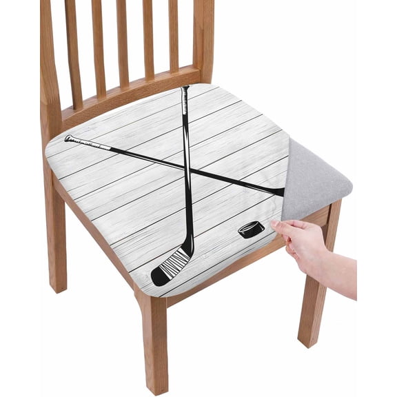 Ice Hockey Chair Seat Covers for Dining Room Stretch Chair Seat Covers Set of 2, Farmhouse Rustic Ball Sport Game Wooden Grain Chair Seat Protector Cushion Slipcovers for Kitchen Restaurant Office