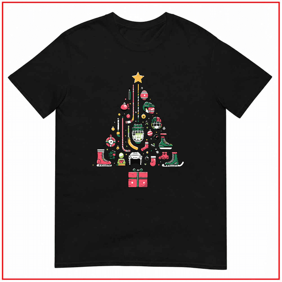 Ice Hockey Christmas Tree Holiday Festive Sports Theme Unisex T Shirt V15002 Size S-5XL