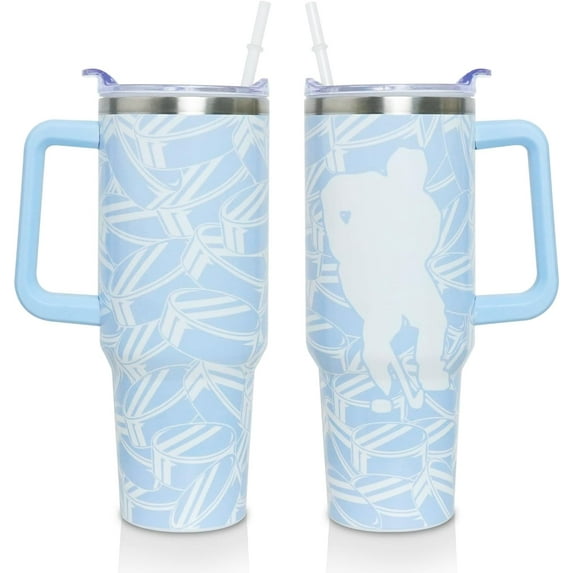 Ice Hockey Coach Gifts Cup for Women Men, 40oz Tumbler with Handle and Lid Straw, Blue Stainless Steel Double Walled Insulated Mug Water Bottle, Ice Hockey Fans Mom Birthday Gifts