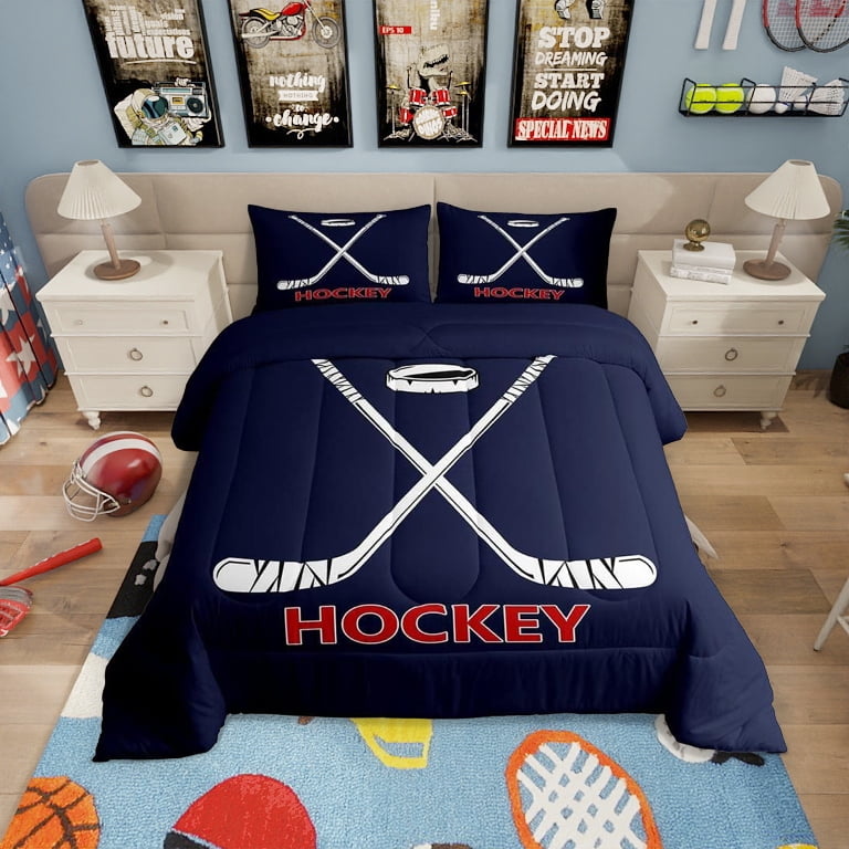 Ice Hockey Comforter Set Full Size,Abstract White Hockey Stick Bedding