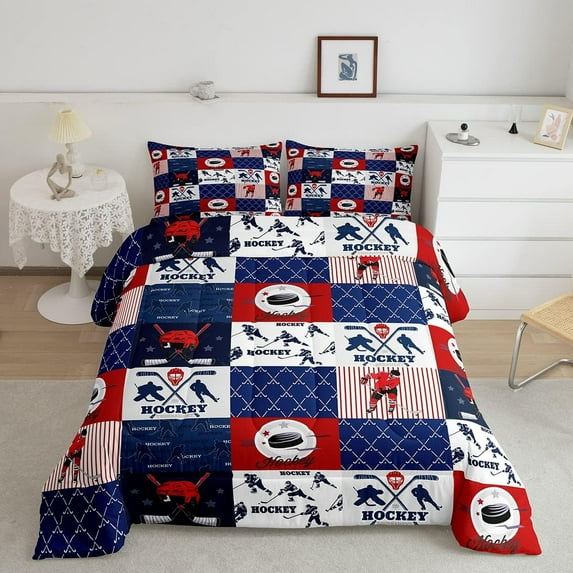 Ice Hockey Comforter Set King Size,Geometric Check Patchwork Stylish Bedding Set,Athlete Winter Sports Theme Down Comforter Teens Bedroom Decor,Blue Red Duvet Insert
