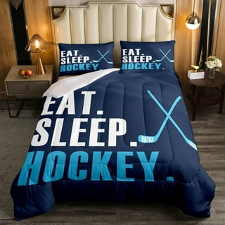 3 Piece Bedding Set,Red Hockey Stick American Ice Hockey Sports Breathable  Duvet Cover Super Soft Pillow Shams,Stripe US Flag Blue Back Washable Bed