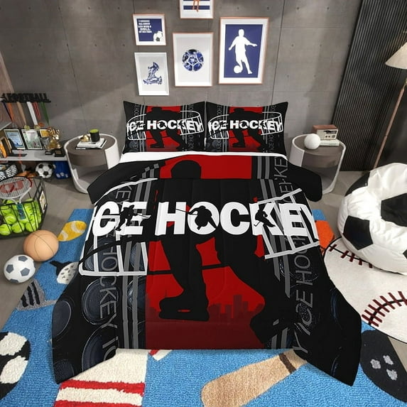 Ice Hockey Comforter Set Twin Size Winter Sports Theme Bedding Set,Red Black White Hockey Bed Comforter Sets Ball Games Quilt Bed Set Room Decor with 1 Pillowcase