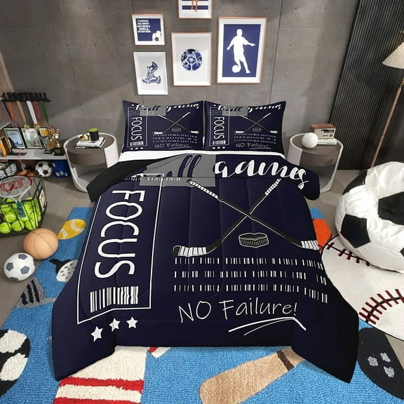 Ice Hockey Comforter Set Twin Size Winter Sports Themed Bedding Sets,Dark Blue White Hockey Down Comforter Ball Gaming Quilt Bed Set Room Decor with 1 Pillowcase
