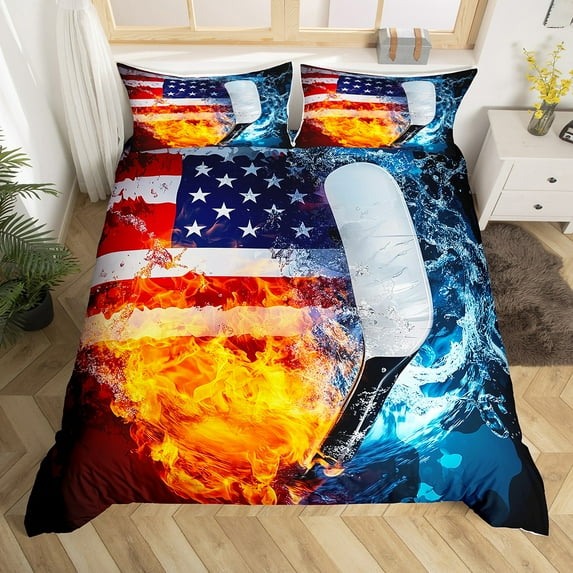 Ice Hockey Duvet Cover Twin Size,Water and Fire Bedding Set,American Flag Quilt Cover,Ice Sports Game Bed Sets with 1 Pillowcase for Bedroom(No Comforter)