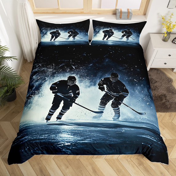 Ice Hockey Duvet Cover Twin Size,Watercolor Hockey Player Bedding Set,Ice Sports Quilt Cover,Hockey Puck Bed Sets with 1 Pillowcase for Bedroom(No Comforter)