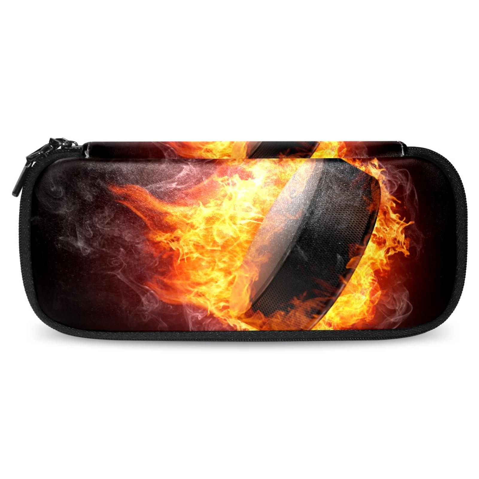 Ice Hockey with Flame Fire Pattern Stylish Leather Toiletry Bag