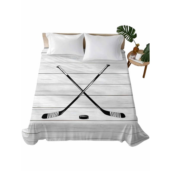 Ice Hockey Flat Sheets Only King Size, Soft Breathable Bed Top Sheets for Mattress, Farmhouse Rustic Ball Sport Game Wooden Grain Luxury Bedding Flat Sheets for Home Hotel Bedroom Bed Protection