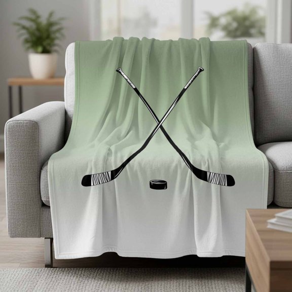 Ice Hockey Fleece Throw Blanket Winter Sports Sage Green Gradient Ultra Soft Fuzzy Cozy Flannel Throw Blanket for Couch Sofa Bed Car Travel, Ideal Gifts 40x60 Inches