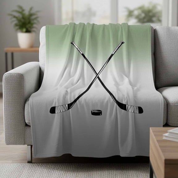 Ice Hockey Fleece Throw Blanket Winter Sports Sage Green Grey Gradient Ultra Soft Fuzzy Cozy Flannel Throw Blanket for Couch Sofa Bed Car Travel, Ideal Gifts 40x50 Inches