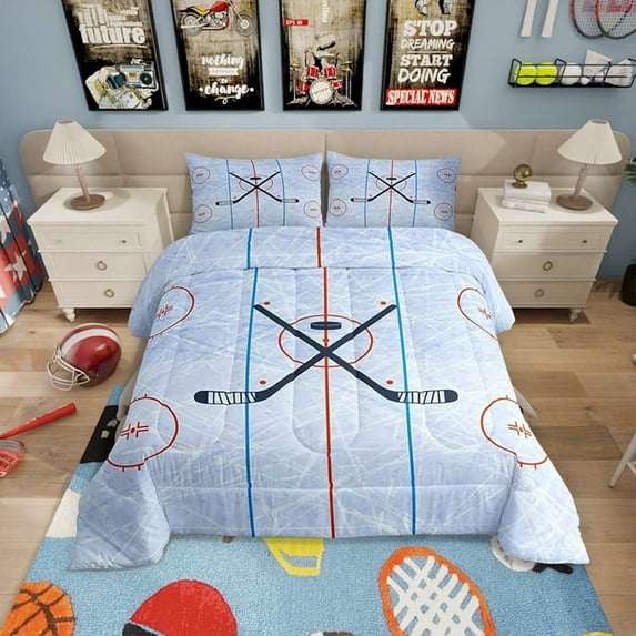Ice Hockey Comforter Set Full Size,Hockey Stadium Rink Bedding Set,Adults Bedroom Decor,Winter Event Ball Games Lovers Down Comforter,Modern Stylish Duvet Insert