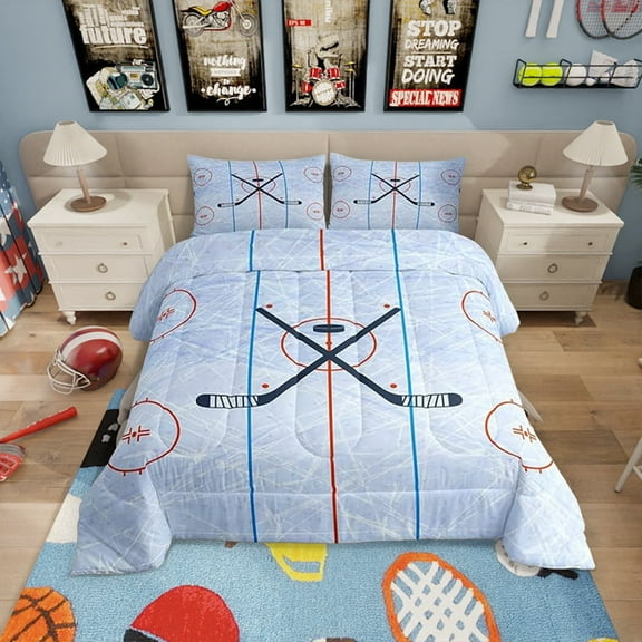 Ice Hockey Comforter Set Full Size,Hockey Stadium Rink Bedding Set,Adults Bedroom Decor,Winter Event Ball Games Lovers Down Comforter,Modern Stylish Duvet Insert